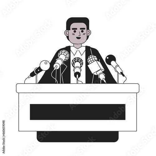 Speaker conference press microphones black and white cartoon flat illustration. Podium orator african american man linear 2D character isolated. Political candidate monochromatic scene vector image