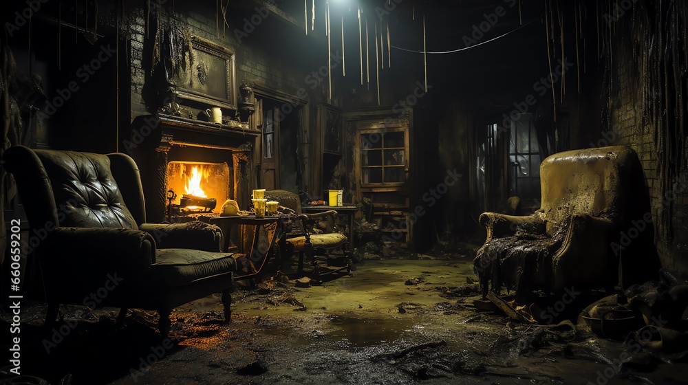 Haunted house spooky interior living area in dilapidated condition