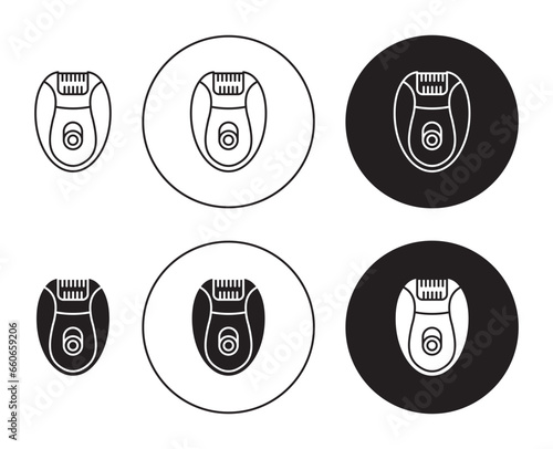 Woman electric epilator icon set. medical legs laser machine vector symbol in black filled and outlined style.