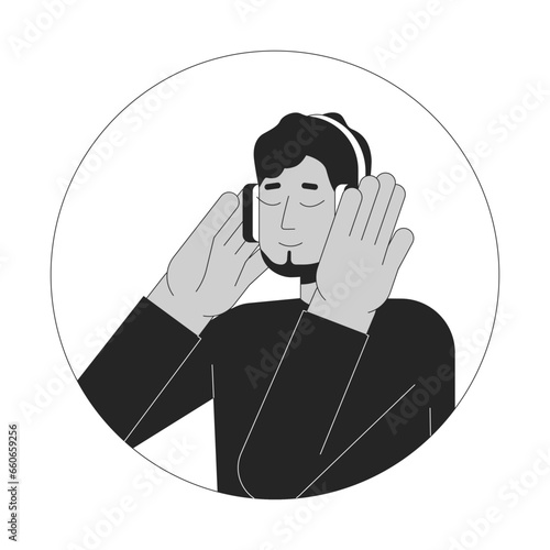 Headphones middle eastern guy bearded black and white 2D vector avatar illustration. Carefree arab man listening to music outline cartoon character face isolated. Music lover flat user profile image