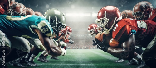 American Football Championship. Professional Player, Aggressive Face, Ready to Push, Tackling. Energy-Full Competition photo