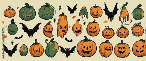 Set Halloween vector illustrations in cartoon style. Funny pumpkin  skeleton  zombie.