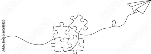 Connected puzzle pieces of one continuous line drawn. Vector illustration