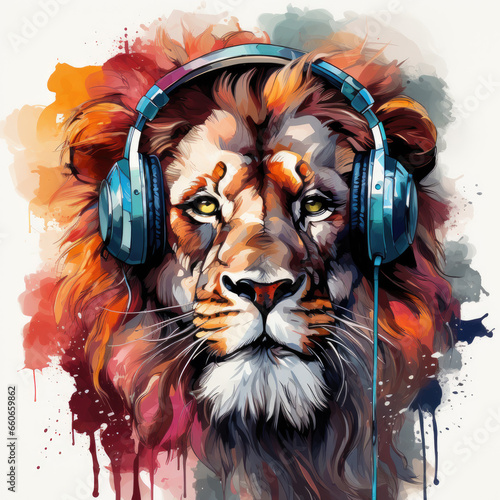 watercolor Dj Lion With Headphones And Sunglasses clipart, Generative Ai © moondesigner