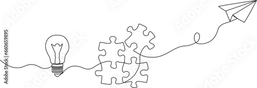 A flying paper airplane, puzzles and a light bulb connected in one continuous line