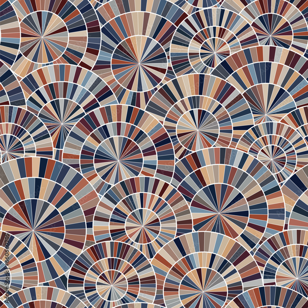 Seamless geometric pattern with overlapping segmented circles. Mosaic vintage style. Multicolored rectangle tiles in orange, blue, and brown on a white background. Vector illustration.