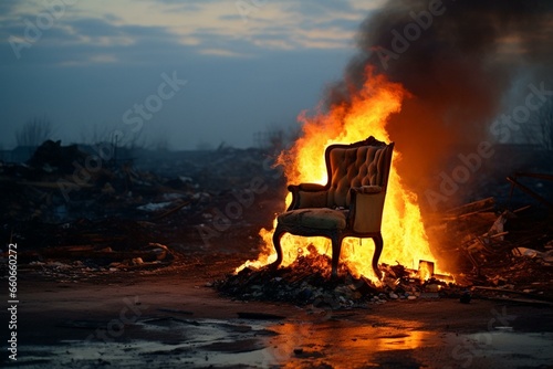 Burning chair in destroyed environment. Generative AI