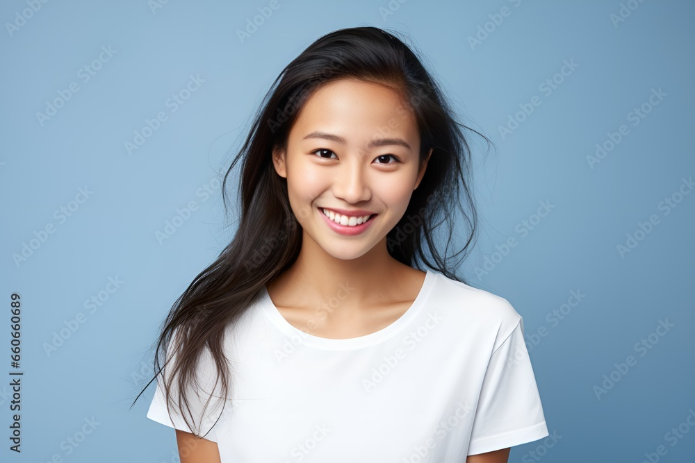 Portrait of a confident fictional model smiling. Isolated on a colored background. Generative AI Illustration. Portrait of a confident fictional model smiling. Isolated on a colored background. Generative AI Illustration.