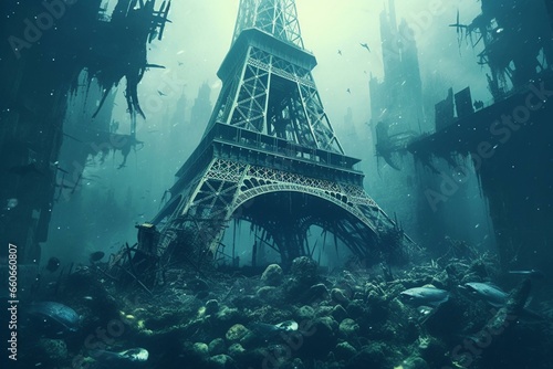 underwater Eiffel Tower in apocalyptic scene. Generative AI
