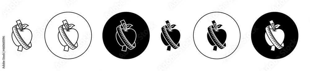 Apple and measuring tape icon set. weight loss diet vector symbol in black filled and outlined - obrazy, fototapety, plakaty 