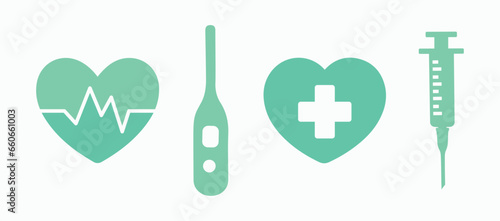 Medicine  doctor  nurse  hospital. Medical care  health  treatment  heartbeat. Thermometer  heart  syringe. Vector illustration icon set symbol design