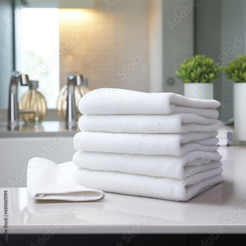 a stack of clean white terry towels in the bathroom.