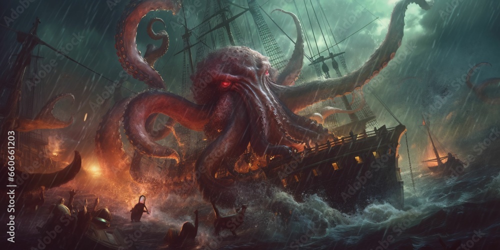 Giant Kraken Octopus Attack Pirate Ship with Thunderstorm Background. Cthulhu Illustration - obrazy, fototapety, plakaty 