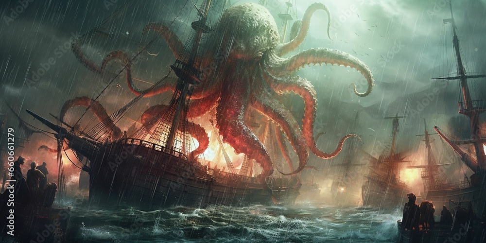 Giant Kraken Octopus Attack Pirate Ship with Thunderstorm Background. Cthulhu Illustration - obrazy, fototapety, plakaty 