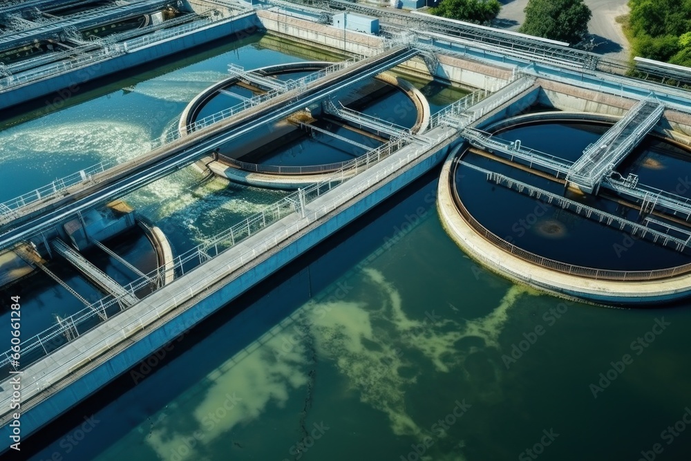 An aerial view of a water treatment facility efficiently processing wastewater