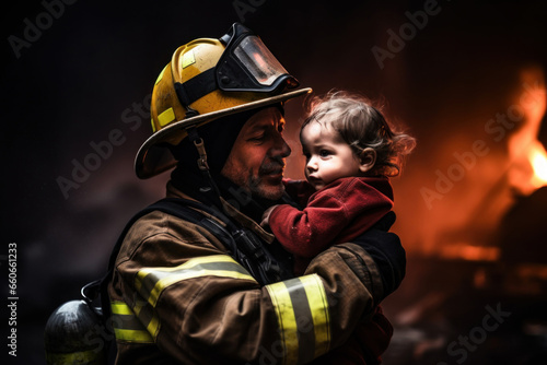 Photo of a firefighter heroically rescuing a little girl from danger