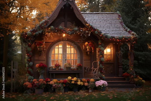 an autumn cottage decorated outdoors with electric garlands.