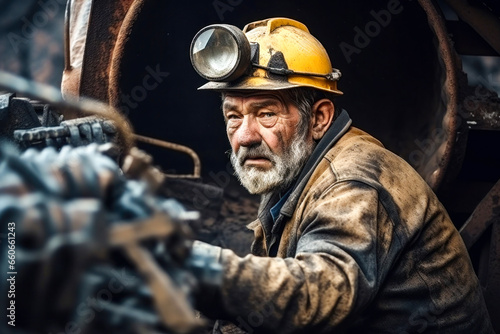 Photo of a hard hat wearing man operating a machine in a mining site