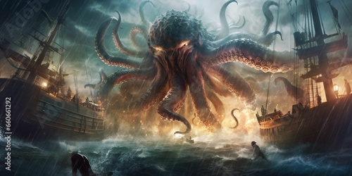 Giant Kraken Octopus Attack Pirate Ship with Thunderstorm Background. Cthulhu Illustration © Resdika