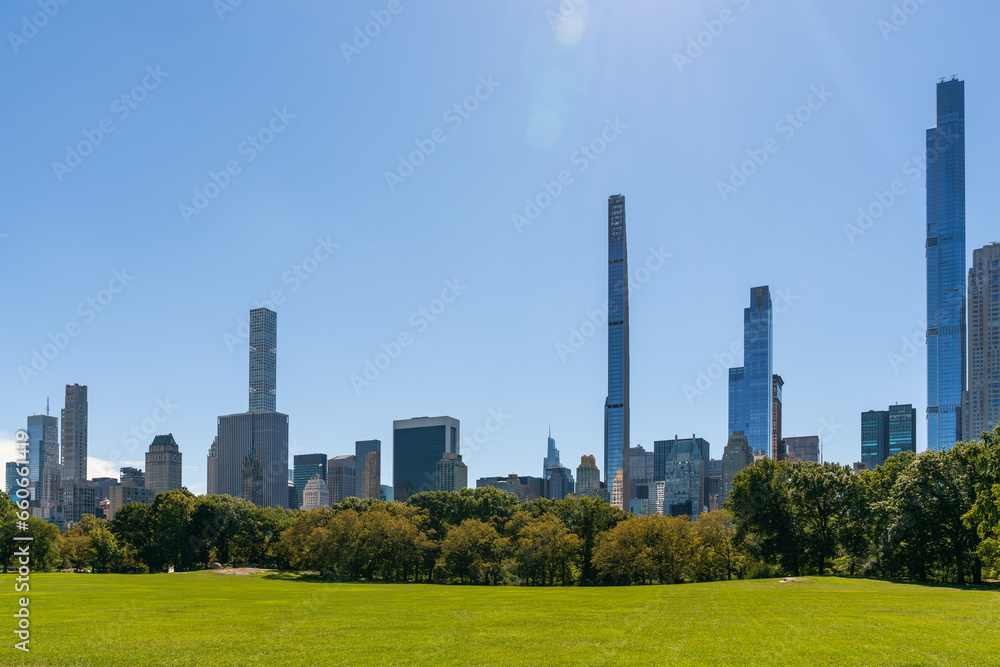 Green lawn at Central Park and Manhattan skyline skyscrapers at day time, New York City, USA