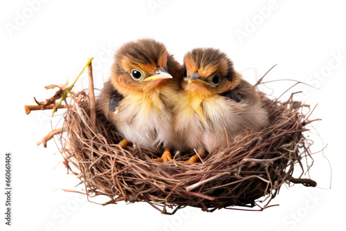 Two little chicks in a nest on a white background, isolated.