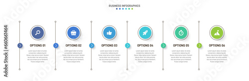 Timeline infographic with infochart. Modern presentation template with 6 spets for business process. Website template on white background for concept modern design. Horizontal layout.