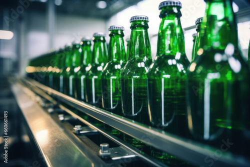 beer factory green glass bottles on the conveyor