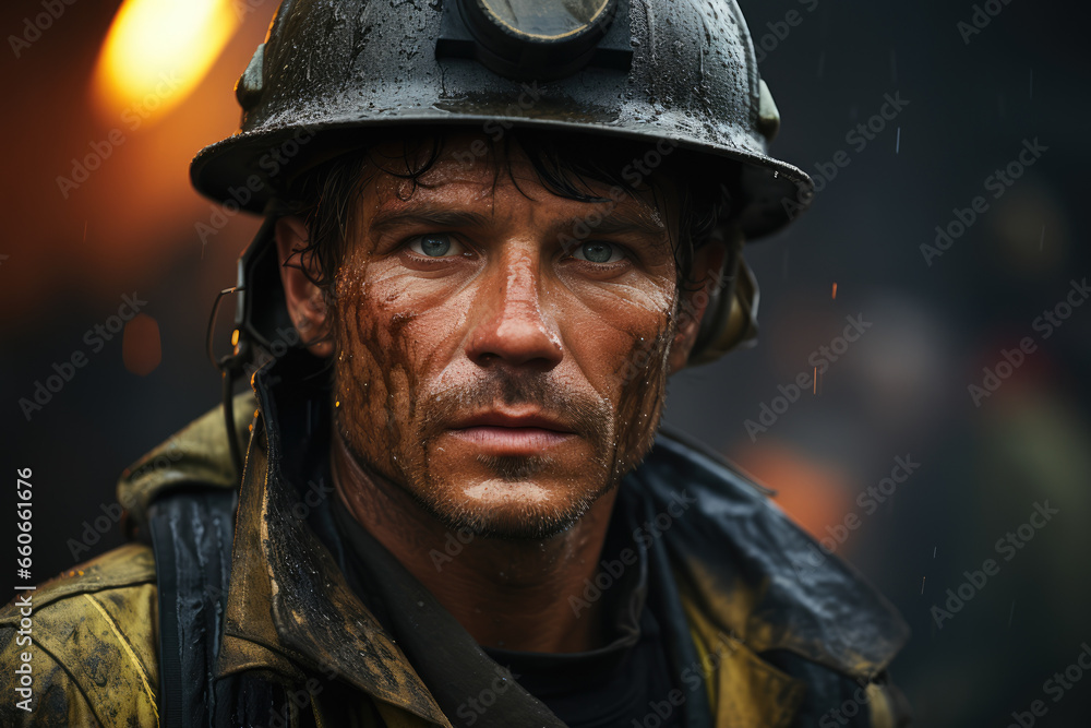 A portrait of a firefighter, their uniform smeared with soot, highlighting their dedication to saving lives. Generative Ai. A portrait of a firefighter, their uniform smeared with soot, highlighting their dedication to saving lives. Generative Ai.