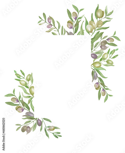 Watercolor card with  olive berries and leaves. Hand painted illustration isolated on white background. Vector EPS.