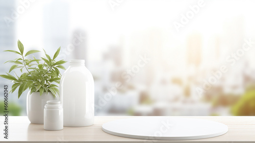 modern white wooden table with potted plants in the room. interior design. 3 d rendering