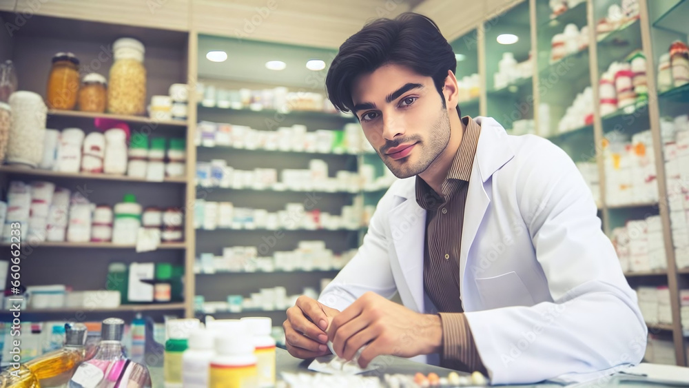 Pharmacist at work, Realistic AI generated Illustration Pharmacist at work, Realistic AI generated Illustration