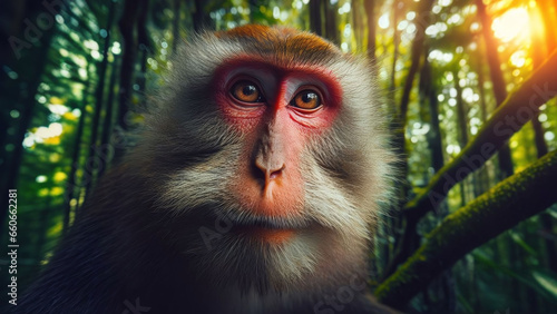 Monkey in the forest, Realistic AI generated illustration Macaca fuscata photo