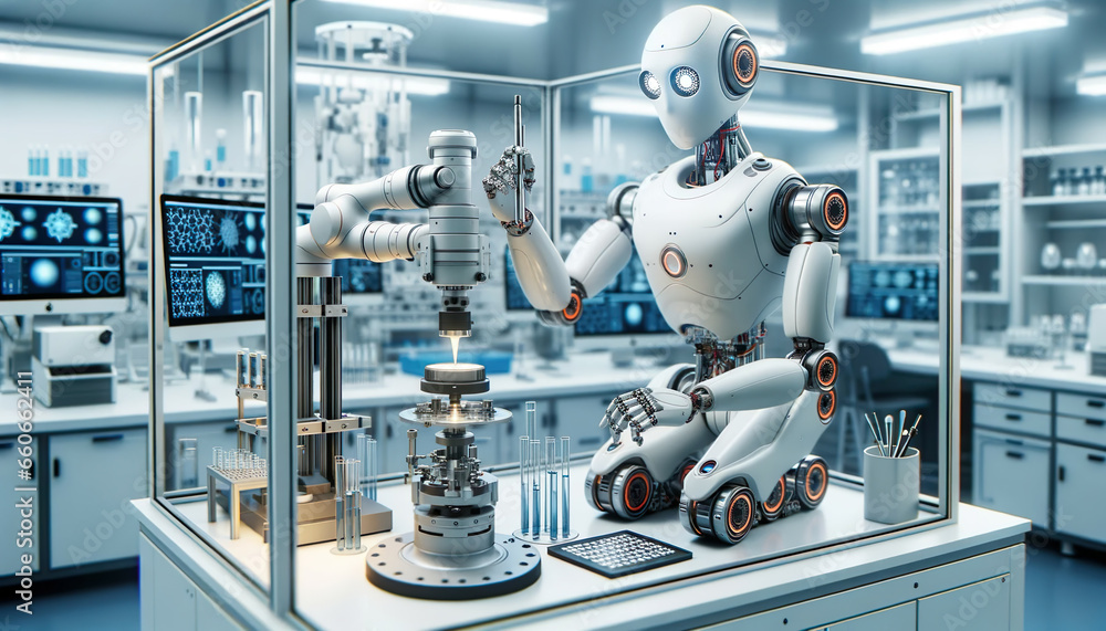 Advanced Robot Operating in a High-tech Laboratory, AI Generated Advanced Robot Operating in a High-tech Laboratory, AI Generated