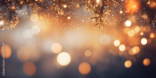 Kugeln und Dekoration in Nahaufnahme mit Platz für Text, Copy Space und festlichem bokeh Hintergrund mit Lichtern und Glitter, Glitzer für Karte oder Banner