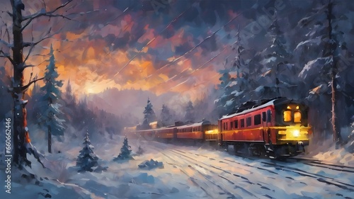 Christmas scene of winter night with train passing through forest with snow. Beautiful landscape background with cloudy sky. Holiday happiness. Illustration, Generative AI