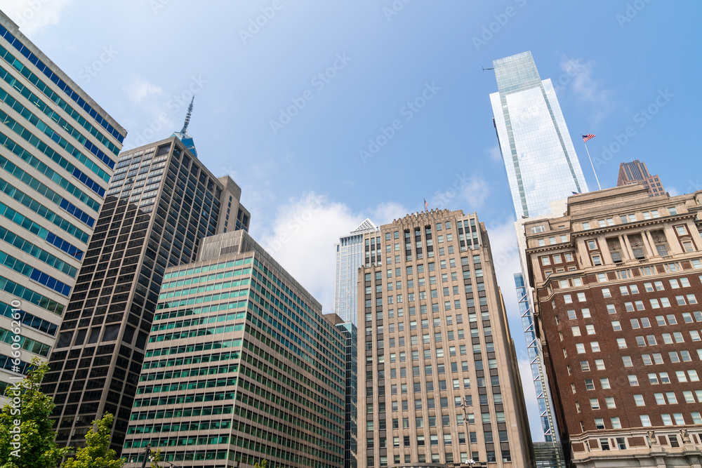 Summer day time cityscape of Philadelphia financial downtown, Pennsylvania, USA. City Hall neighborhood. A vibrant business and cultural district Summer day time cityscape of Philadelphia financial downtown, Pennsylvania, USA. City Hall neighborhood. A vibrant business and cultural district