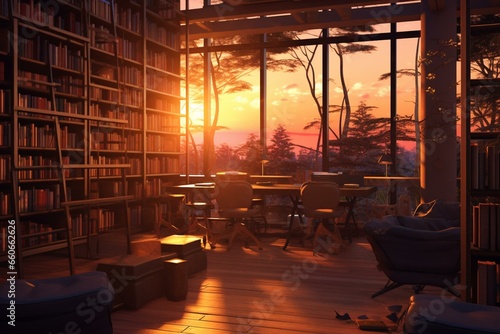 Study area in a library at sunset. Generative AI