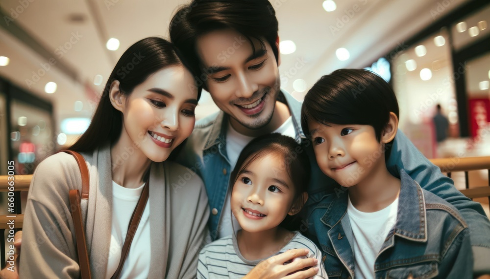 Happy photo of asian family sitting in a mall Happy photo of asian family sitting in a mall
