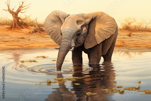 a small baby elephant drinking from water Generative AI