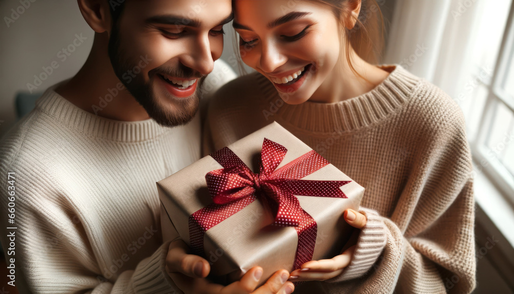 Over the shoulder shot of a couple exchanging wrapped gifts, with expressions of surprise and delight. Over the shoulder shot of a couple exchanging wrapped gifts, with expressions of surprise and delight.