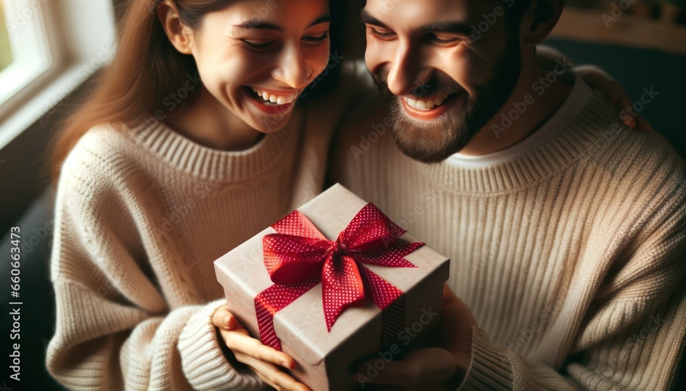 Over the shoulder shot of a couple exchanging wrapped gifts, with expressions of surprise and delight. Over the shoulder shot of a couple exchanging wrapped gifts, with expressions of surprise and delight.