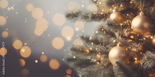 Christbaum mit Kugeln und Dekoration Nahaufnahme mit Platz für Text, Copy Space und festlichem bokeh Hintergrund mit Lichtern und Glitter, Glitzer für Karte oder Banner