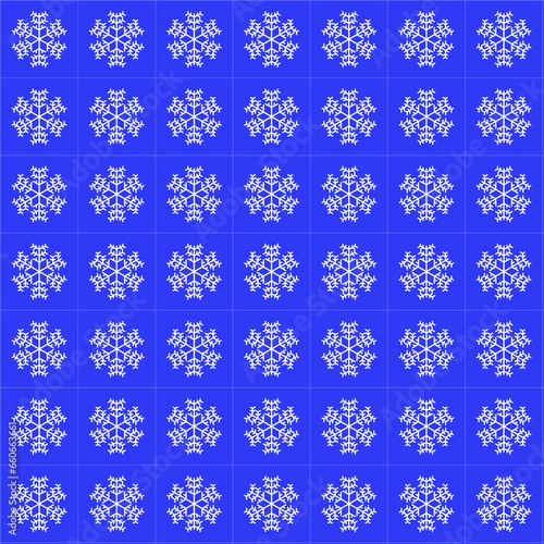 blaues quadrat mit 7x7 weißen schneekristallen auf blauem hintergrund, abstraktes modernes winterliches design photo