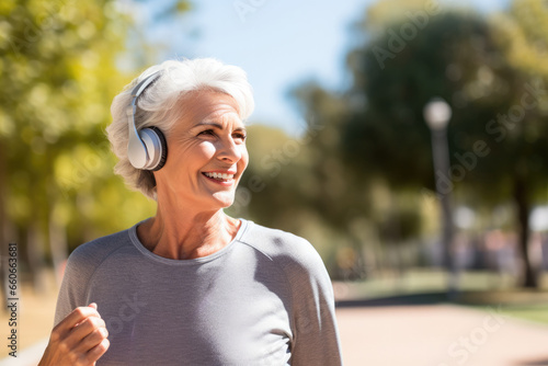 Active senior woman with headphones running in park 