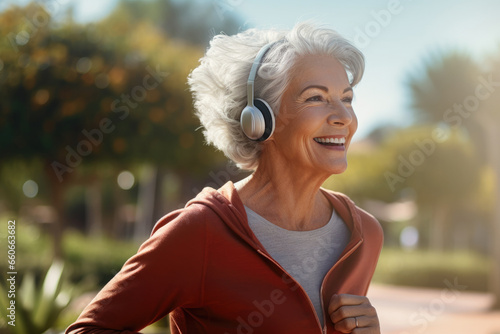 Active senior woman with headphones running in park 