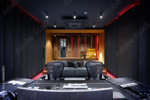 Interior of a two seat modern luxury recording studio photo