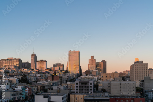 Panoramic cityscape view of San Francisco Nob hill area  which is historically known as a center of San Francisco upper class neighborhoods at golden hour  sunset  midtown  California  United States.