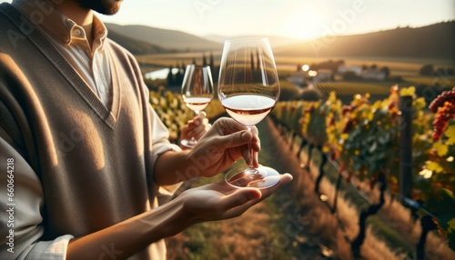 Individuals holding wine glasses, examining the color and aroma of the wine in a vineyard setting. photo