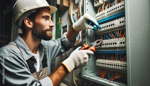 An electrician, with safety gloves and tools, working on an open electrical panel.
