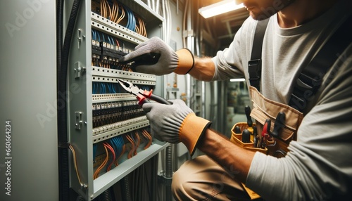 An electrician, with safety gloves and tools, working on an open electrical panel.